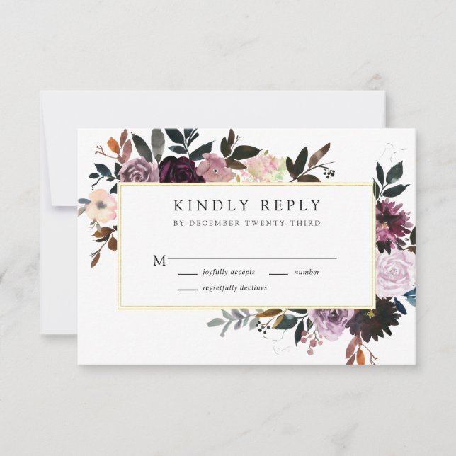 Plum Purple and Mauve Pink Floral Wedding RSVP Card (Front)