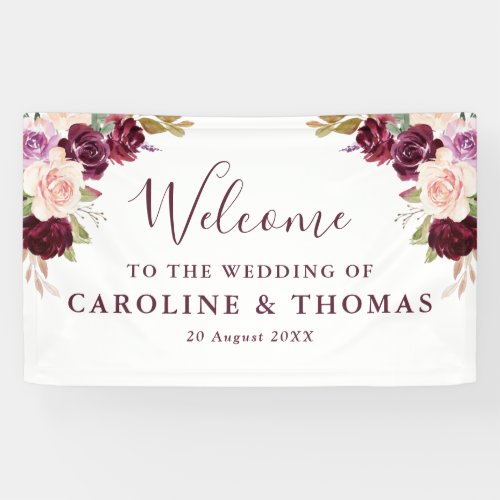 Plum purple and peach floral welcome wedding banner