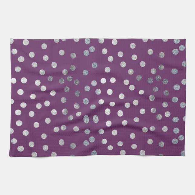 Plum Purple and Silver Glitter City Dots Kitchen Towel (Horizontal)