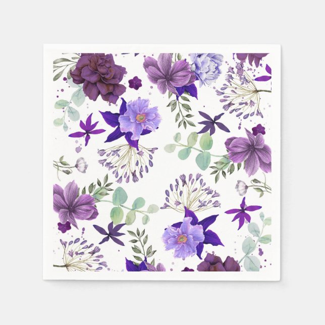 Plum Purple and Violet Flowers Elegant Celebration Paper Napkins (Front)