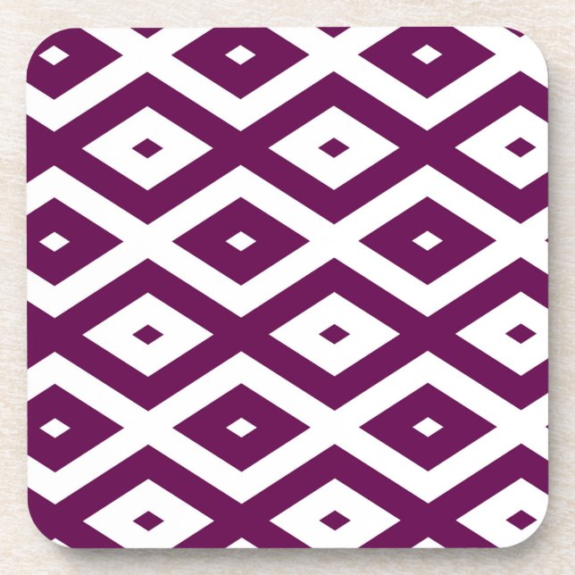 Plum purple and white diamond pattern beverage coaster (Front)