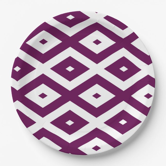 Plum purple and white diamond pattern paper plates (Front)