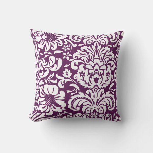 Plum Purple and White Floral Damask Throw Pillow