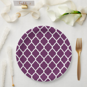Plum Purple and White Moroccan Quatrefoil Paper Plates