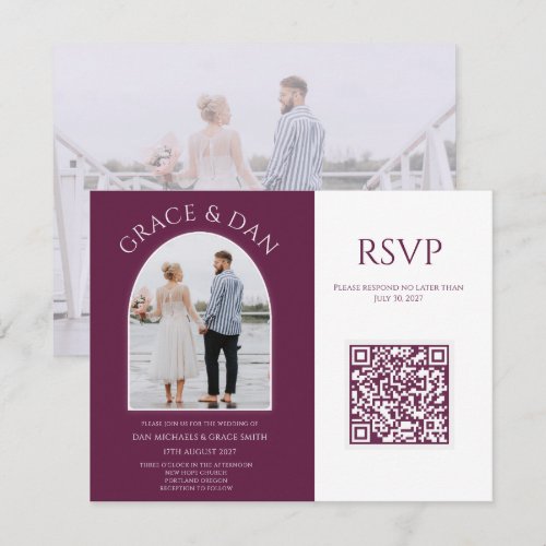 Plum Purple Arch Style QR Code Photo Wedding RSVP Card