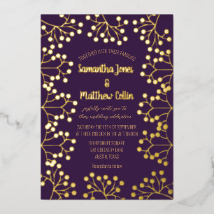 Plum Purple Baby's Breath Floral Gold Foil Wedding Invitation