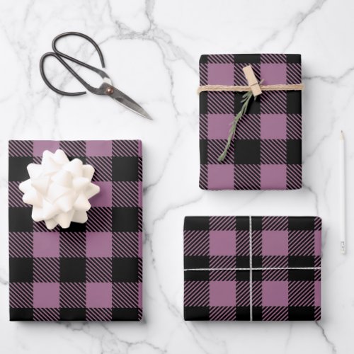 Plum Purple Black Buffalo Check Plaid Pattern Wrapping Paper Sheets