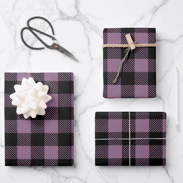 Plum Purple Black Buffalo Check Plaid Pattern Wrapping Paper Sheets (Front)