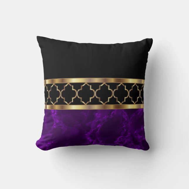 Plum Purple, Black & Gold Quatrefoil Throw Pillow (Front)