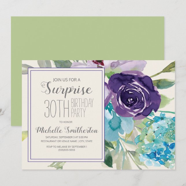 Plum Purple Blue Floral Surprise 30th Birthday Invitation (Front/Back)