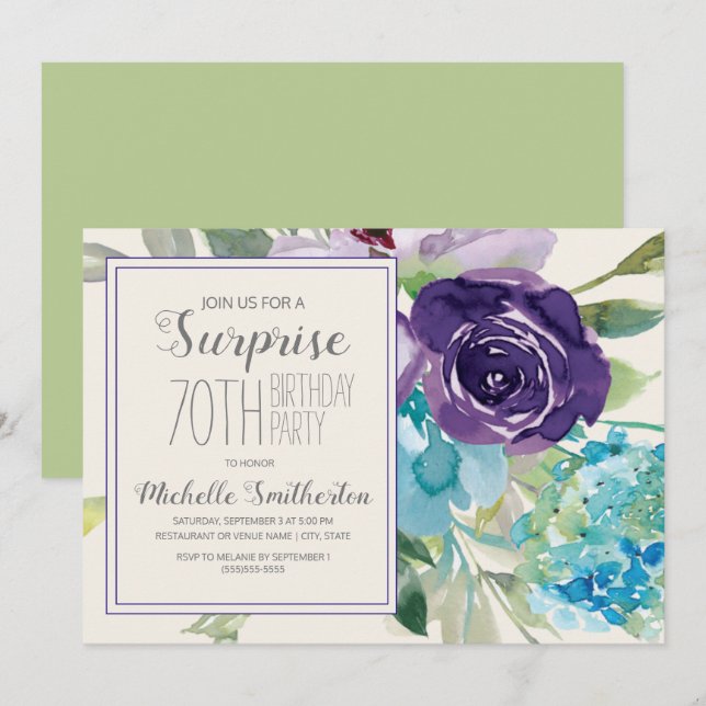 Plum Purple Blue Floral Surprise 70th Birthday Invitation (Front/Back)