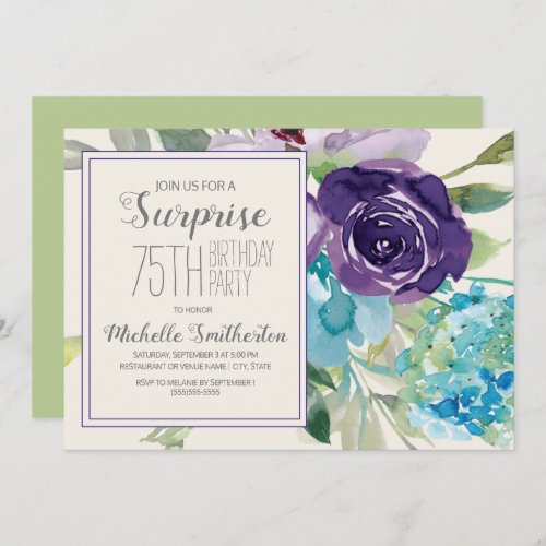 Plum Purple Blue Floral Surprise 75th Birthday Invitation