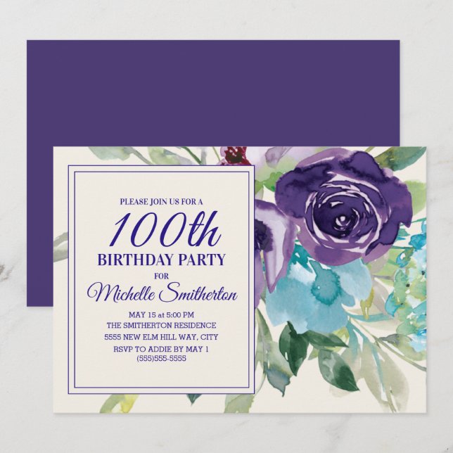 Plum Purple Blue Watercolor Floral 100th Birthday Invitation (Front/Back)