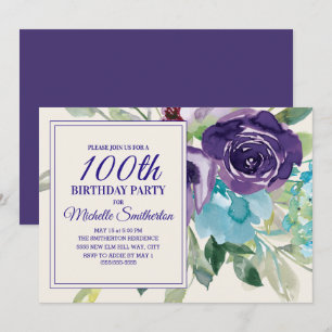 Plum Purple Blue Watercolor Floral 100th Birthday Invitation