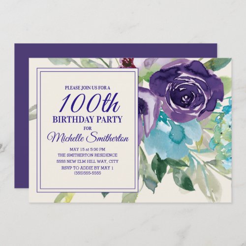 Plum Purple Blue Watercolor Floral 100th Birthday Invitation