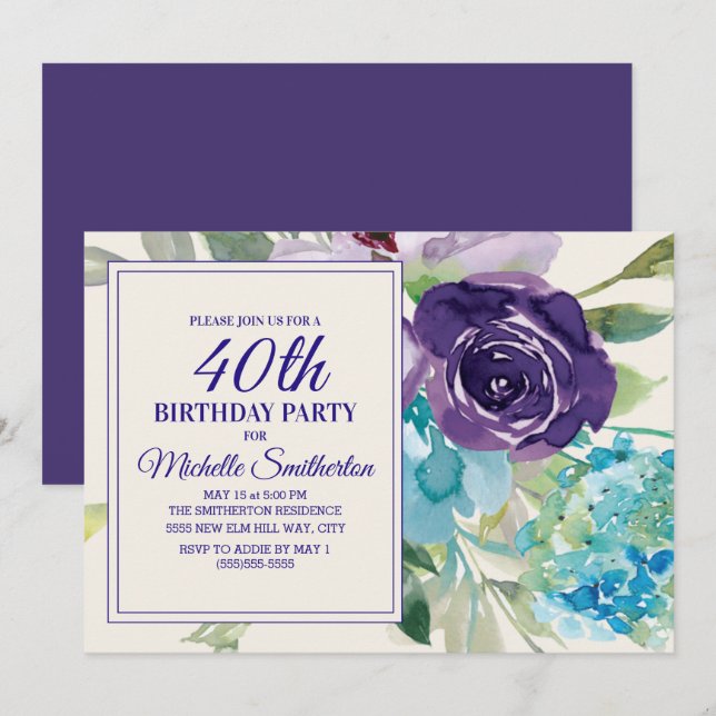 Plum Purple Blue Watercolor Floral 40th Birthday Invitation (Front/Back)