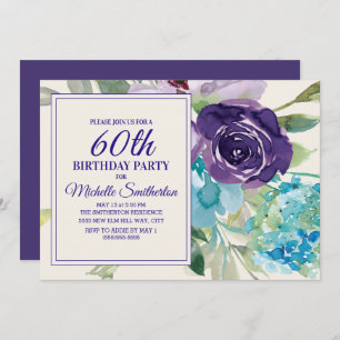 Plum Purple Blue Watercolor Floral 60th Birthday Invitation