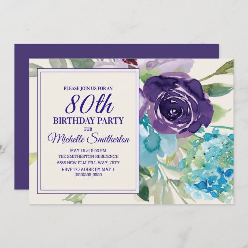 Plum Purple Blue Watercolor Floral 80th Birthday Invitation