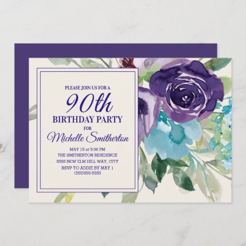 Plum Purple Blue Watercolor Floral 90th Birthday Invitation