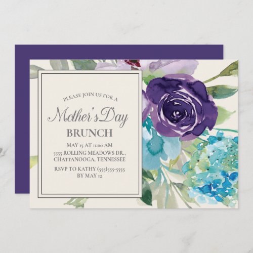 Plum Purple Blue Watercolor Floral Mothers Day Invitation