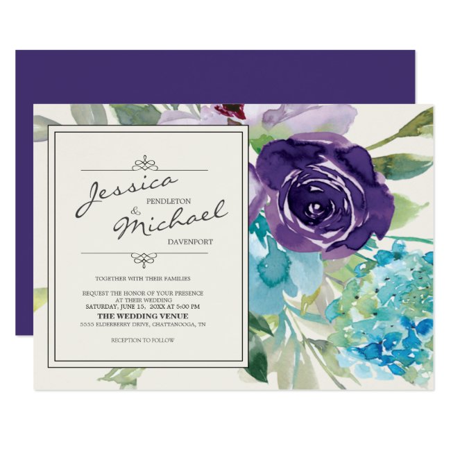 Plum Purple Blue Watercolor Floral Wedding Invitation