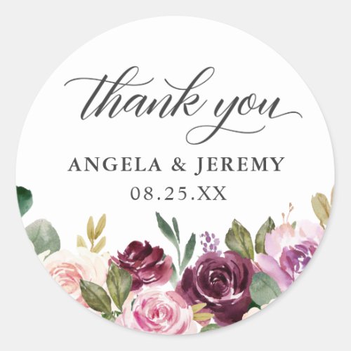 Plum Purple Blush Floral Chic Wedding Thank You Classic Round Sticker - Customize this "Plum Purple Blush Floral Chic Wedding Thank You Sticker" to add a special touch. It's easy to personalize to match your colors and styles.
(1) For further customization, please click the "customize further" link and use our design tool to modify this template. The background color is changeable. 
(2) If you need help or matching items, please contact me.