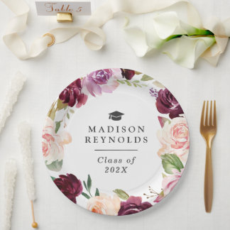Plum Purple Blush Floral Graduation Dinner Party Paper Plates