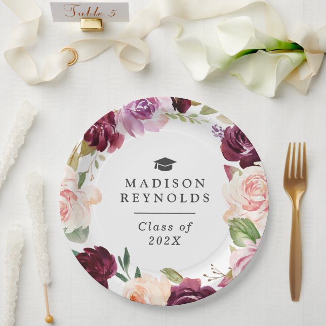 Plum Purple Blush Floral Graduation Dinner Party Paper Plates (Wedding)