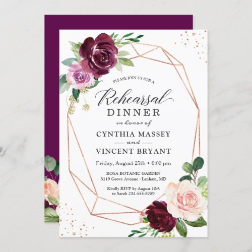 Plum Purple Blush Floral Modern Rehearsal Dinner Invitation