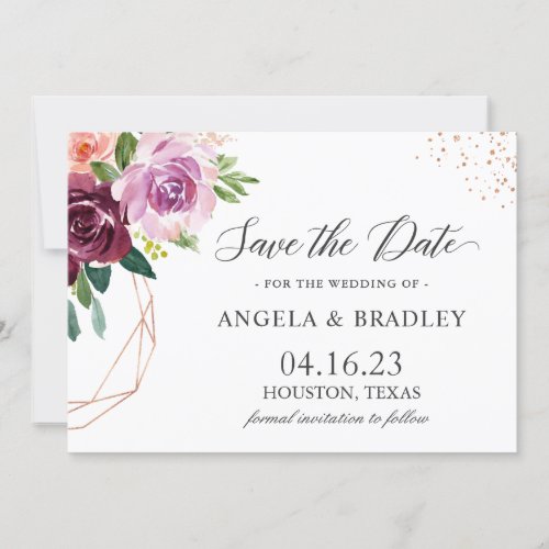 Plum Purple Blush Floral Modern Rose Gold Wedding Save The Date - Plum Purple Blush Floral Modern Rose Gold Wedding Save the Date Card. For further customization, please click the "customize further" link and use our design tool to modify this template. If you need help or matching items, please contact me.