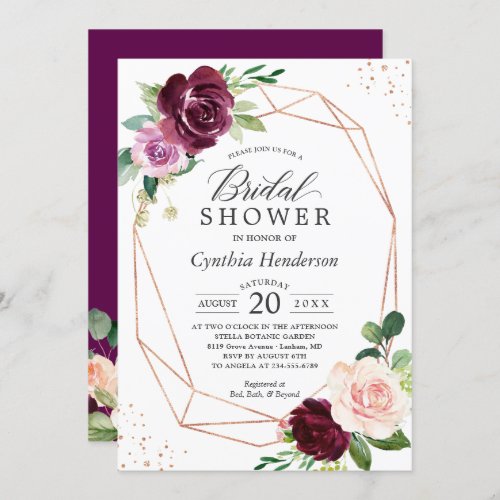 Plum Purple Blush Floral Rose Gold Bridal Shower Invitation - Celebrate the bride-to-be with this "Plum Purple Blush Floral Rose Gold Bridal Shower Invitation" that features a Modern Geometric Frame and Plum Purple Blush Watercolor Peonies. It's easy to customize this design to be uniquely yours. For further customization, please click on the "customize further" link and use our design tool to modify this template. If you need help or matching items, please contact me.