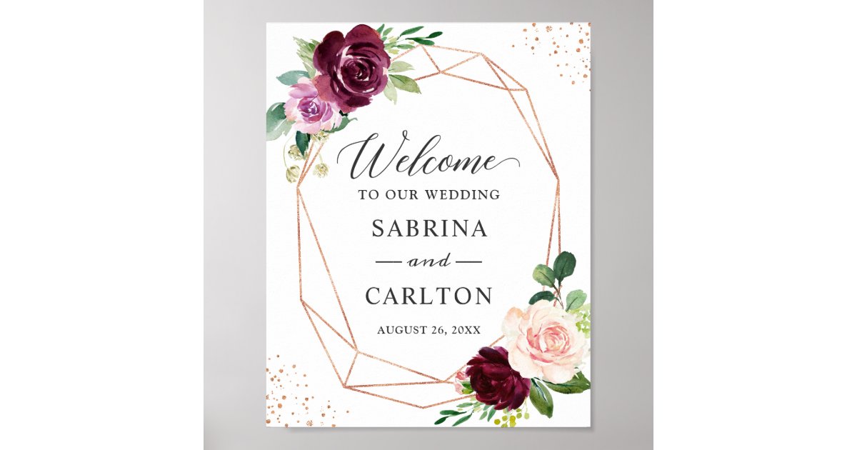 Plum Purple Blush Floral Rose Gold Wedding Sign Zazzle Com