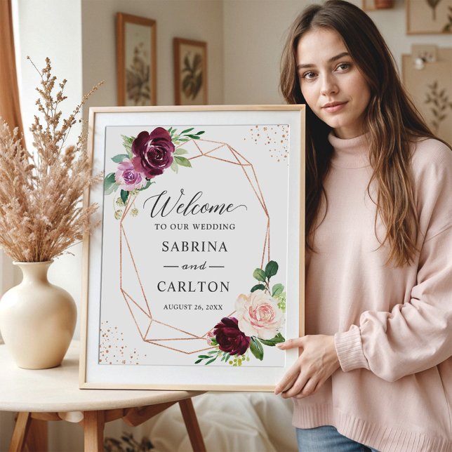 Plum Purple Blush Floral Rose Gold Wedding Sign (Creator Uploaded)