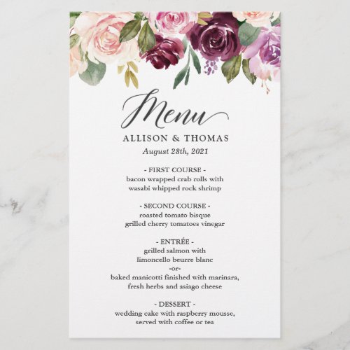 Plum Purple Blush Floral Wedding Dinner Menu - Plum Purple Blush Floral Wedding Dinner Menu. For further customization, please click the "customize further" link and use our design tool to modify this template. If you need help or matching items, please contact me.