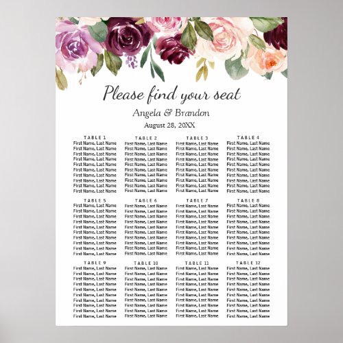 Plum Purple Blush Floral Wedding Seating Chart - Plum Purple Blush Floral Wedding Seating Chart Poster. 
(1) The default size is 18 x 24 inches, you can change it to other size. 
 (2) For further customization, please click the "customize further" link and use our design tool to modify this template. 
 (3) If you need help or matching items, please contact me.