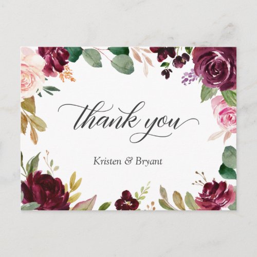 Plum Purple Blush Floral Wedding Thank You Postcard - This exclusive Thank You Postcard features Watercolor Plum Purple and Blush Flowers with a Calligraphy "Thank You" script. Customize this template to be uniquely yours to express your appreciation to your guests, friends and family. For further customization, please click the "customize further" link and use our design tool to modify this template. If you need help or matching items, please contact me.