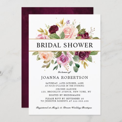 Plum Purple Blush Pink Botanical Bridal Shower Invitation