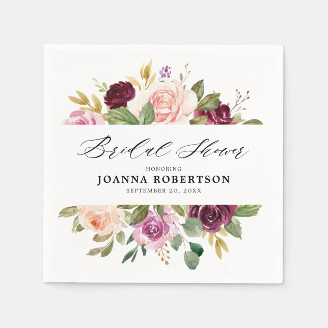 Plum Purple Blush Pink Botanical Bridal Shower Napkins (Front)