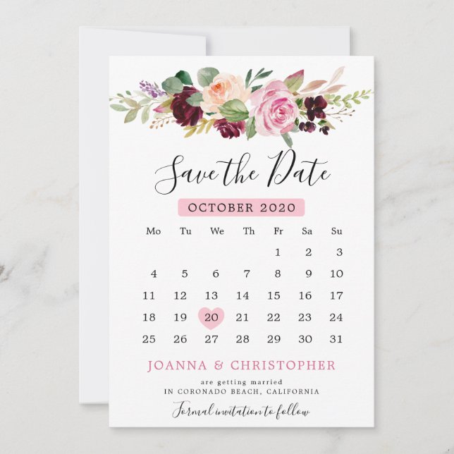 Plum Purple Blush Pink Botanical Floral Calendar Save The Date (Front)
