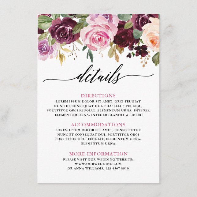 Plum Purple Blush Pink Botanical Floral Details Enclosure Card (Front)