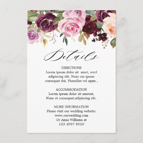 Plum Purple Blush Pink Botanical Floral Details Enclosure Card