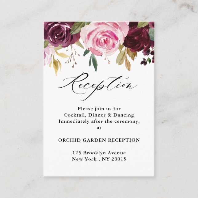 Plum Purple Blush Pink Botanical Floral Reception Enclosure Card (Front)