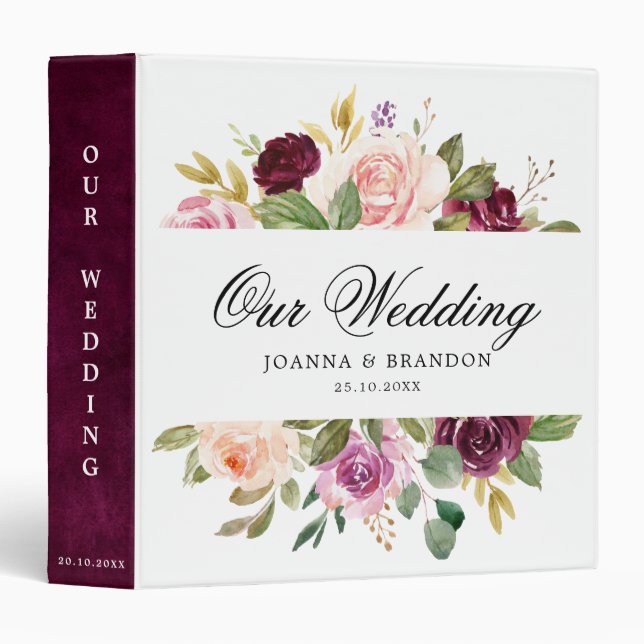 Plum Purple Blush Pink Botanical Floral Wedding 3 Ring Binder (Front/Spine)