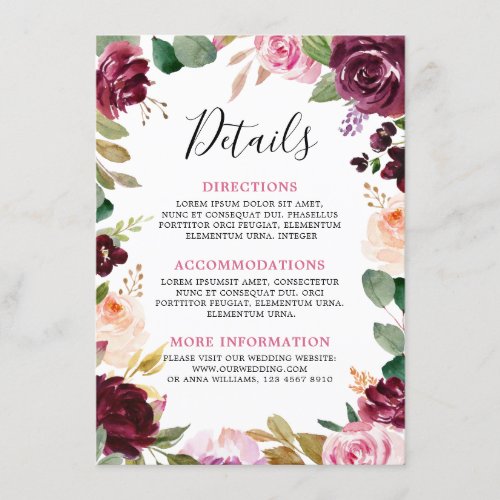 Plum Purple Blush Pink Botanical Floral Wedding Enclosure Card