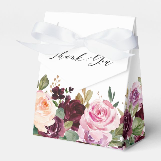 Plum Purple Blush Pink Botanical Floral Wedding Favor Boxes (Front Side)