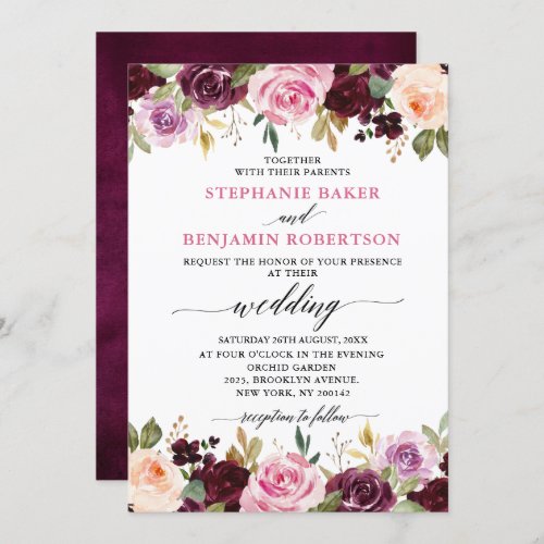 Plum Purple Blush Pink Botanical Floral Wedding Invitation
