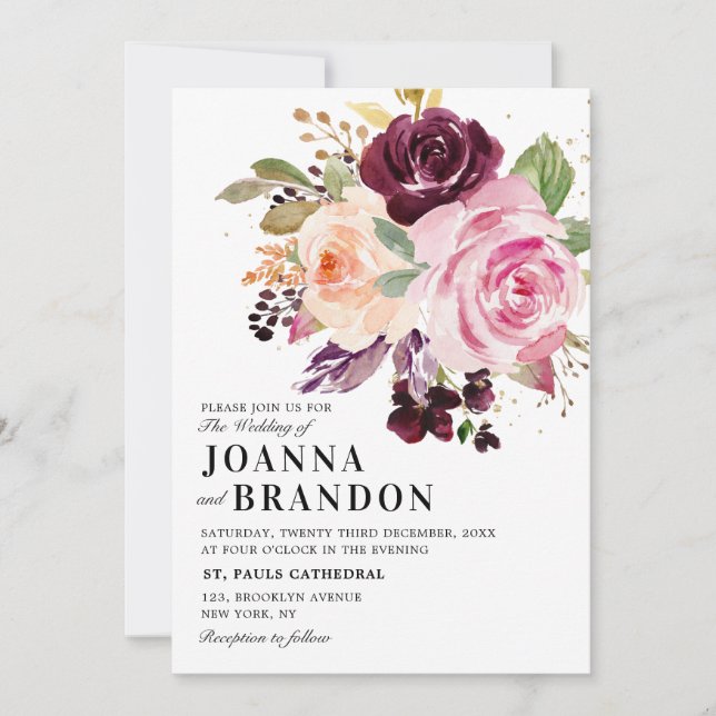 Plum Purple Blush Pink Botanical Floral Wedding Invitation (Front)