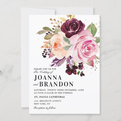 Plum Purple Blush Pink Botanical Floral Wedding Invitation