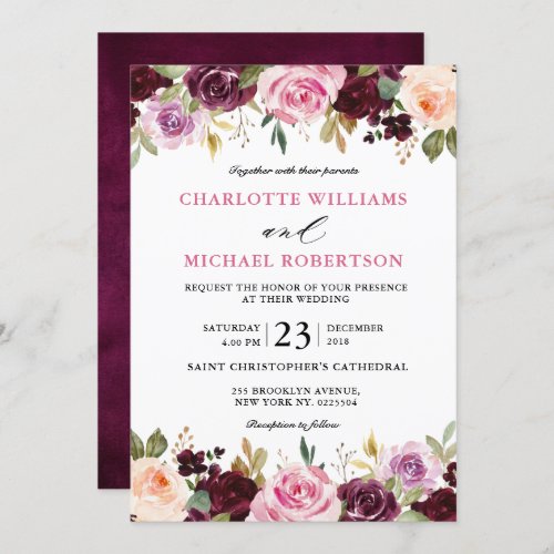 Plum Purple Blush Pink Botanical Floral Wedding Invitation