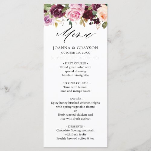 Plum Purple Blush Pink Botanical Floral Wedding Menu